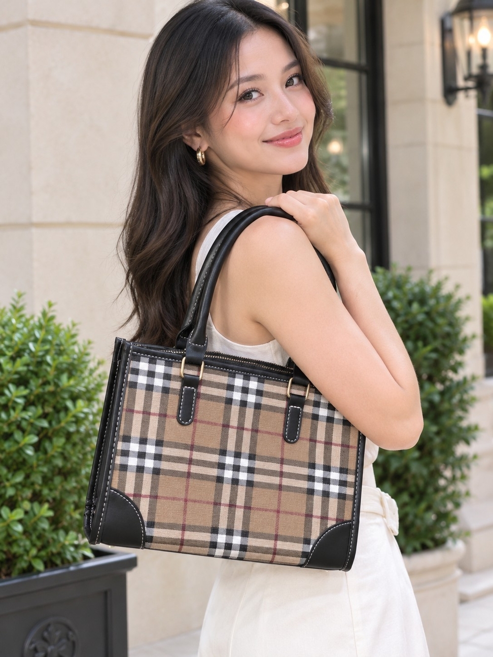 Fashion Bug Plaid Tote with Black Trim